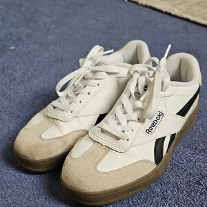 Reebok White Sneakers with Black Stripes and Tan Suede Trim